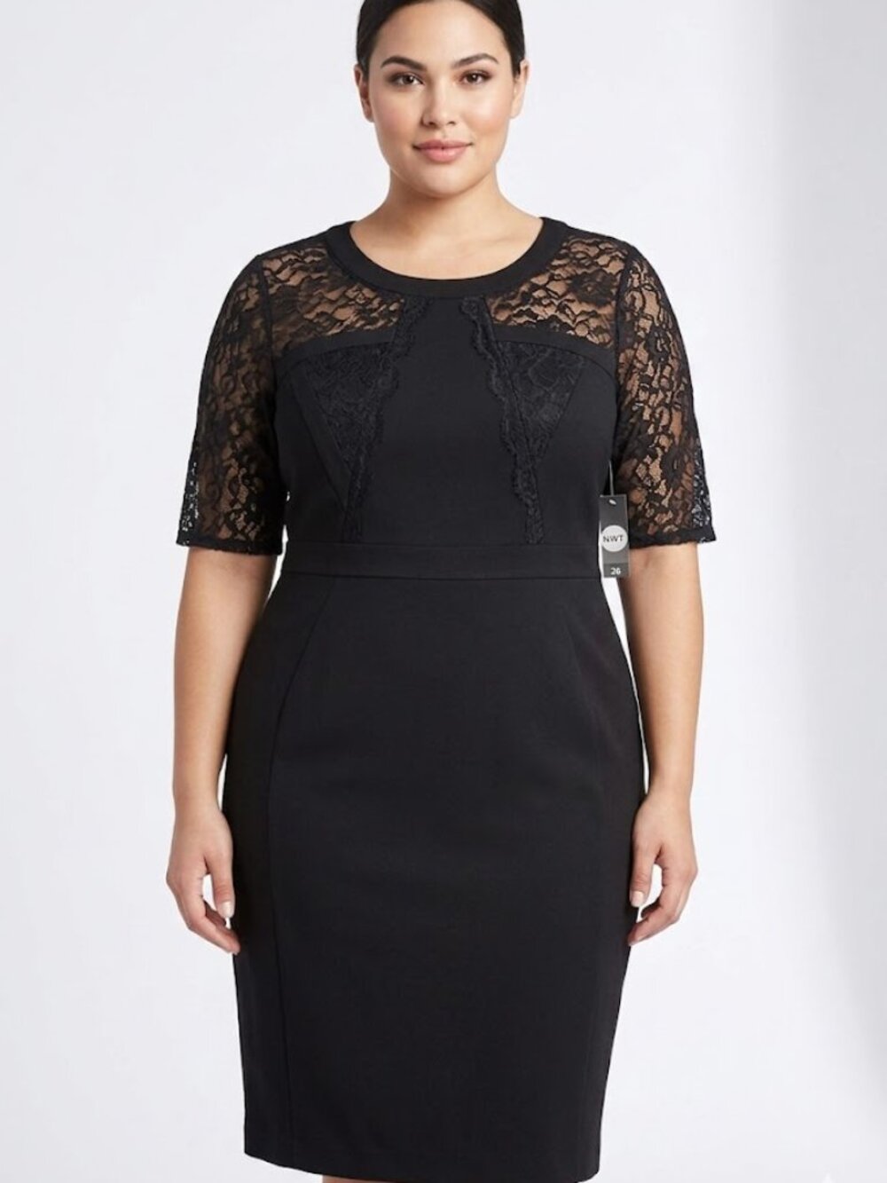 Lane Bryant Black Sheath Dress Lace Sleeve Sheer Yoke Size 26 Plus NWT